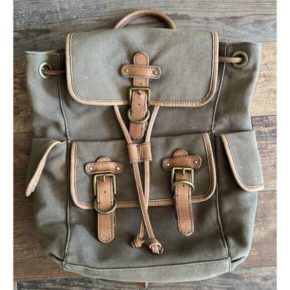 Vintage Fossil Canvas Leather Rucksack Backpack Tan Brown Hiking Travel Bag - Picture 1 of 12